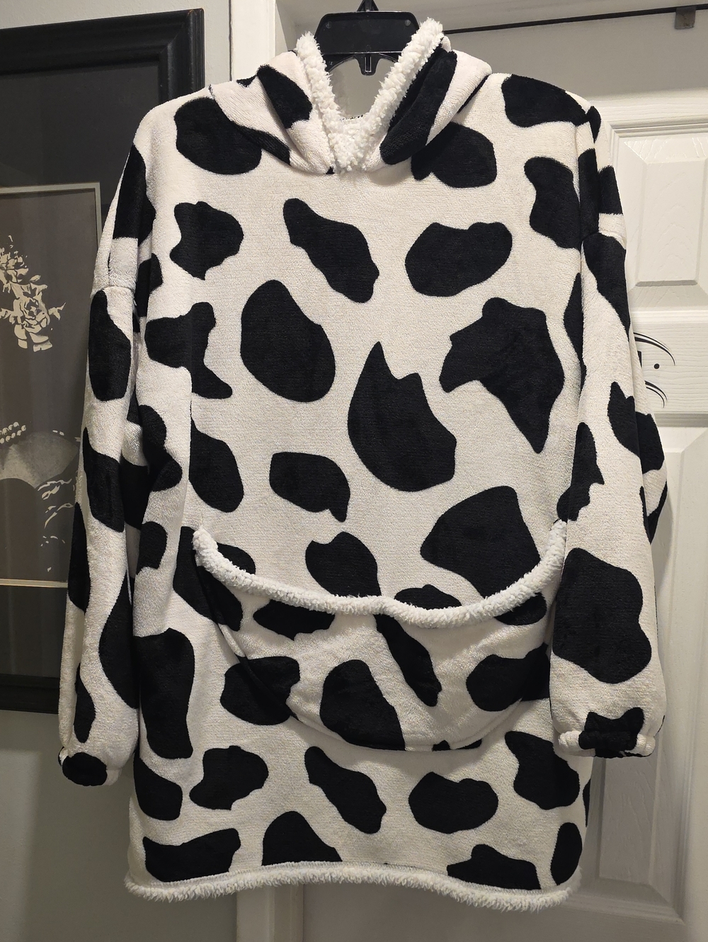 Over-sized Cozy Hoodie Cow-Print Sweatshirt- Black & White